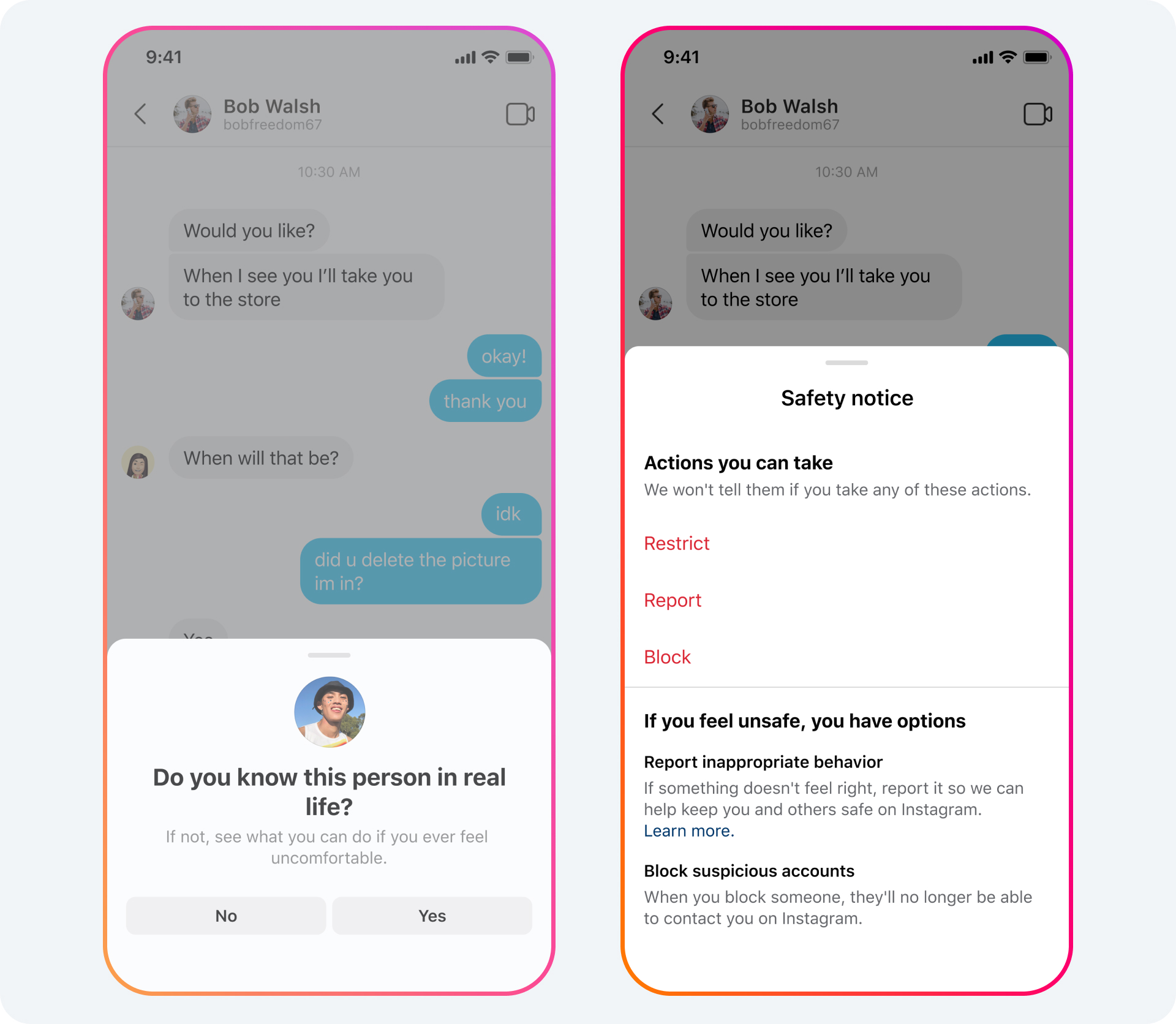 Product mock of default safety notifications on Instagram